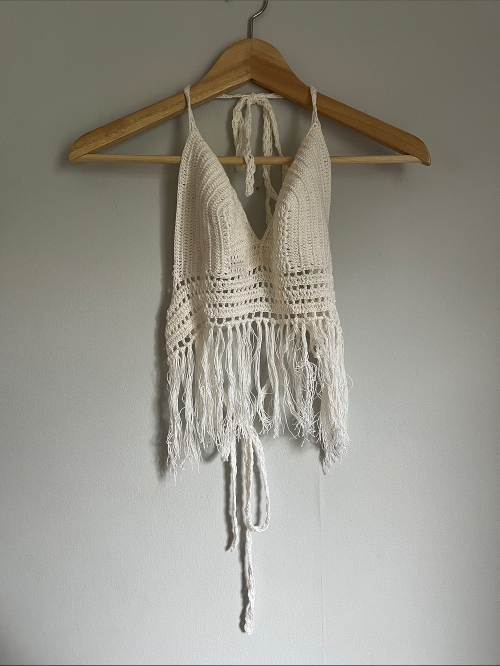 Handmade Crochet Fringe Crop Top in Cream